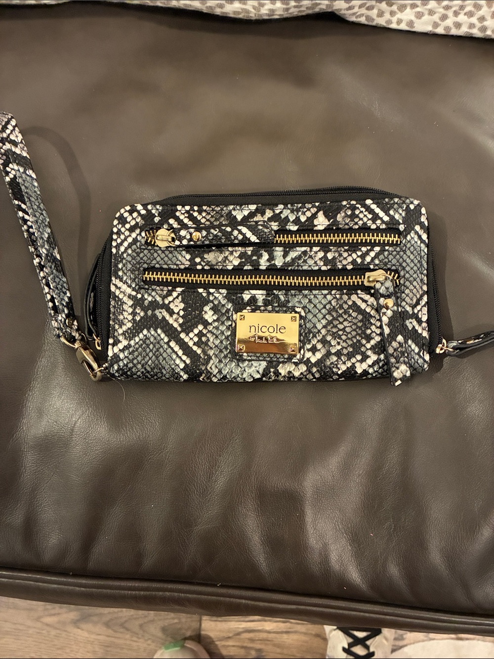 Nicole Miller Black and Gray Snakeskin Wristlet with Gold Accents